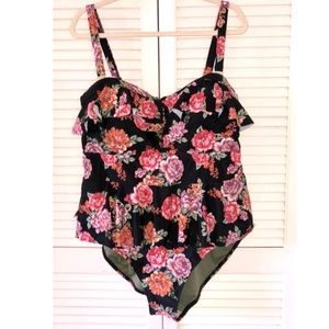 Terra & Sky one piece swimsuit. Black With floral design in pink.